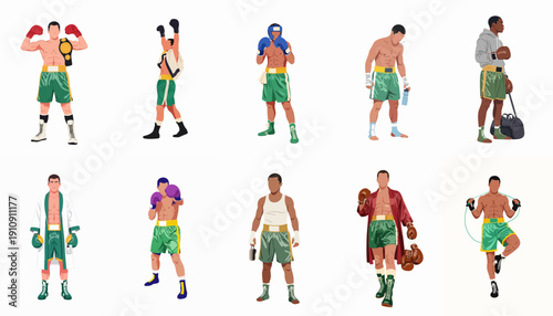 Vector collection of male boxers illustrating fighting, training, and victorious poses, including champion, athlete, and gym routines.