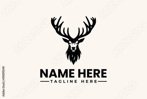 A black vector illustration of a deer head logo with antlers and a beard on a beige background, featuring placeholder text for a name and tagline.