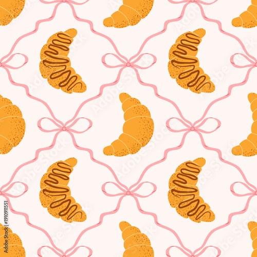 Coquette vector seamless pattern with french croissant, pink bows and ribbons. Preppy background with delicious pastries for cafe, bakery, fabric, print, wrapping paper.