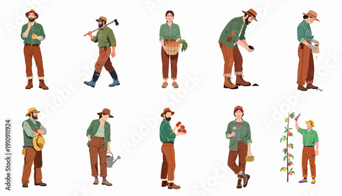 Diverse Set of Farmers and Gardeners Performing Agricultural Tasks: Planting, Harvesting, Watering, and Working the Soil.
