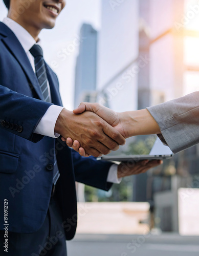 Business handshake in urban setting. Man in suit, woman holding laptop. Tall buildings in background