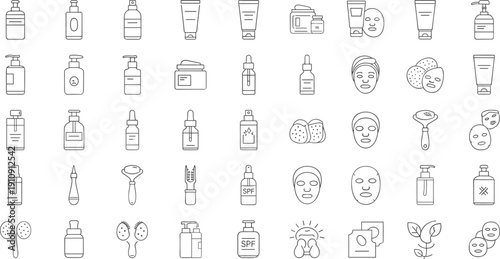 Hand Drawn Skincare and Cosmetic Icon Set with Lotion Bottles Face Masks Serum Sunscreen and Beauty Products Outline Vector Collectio