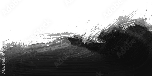 A dramatic black and white abstract water splash isolated on a white background captures the powerful texture of a crashing sea wave and cold winter storm