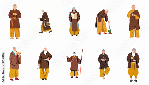 A collection of diverse Buddhist monks performing daily activities, including meditation, reading, gardening, and calligraphy, isolated on white.