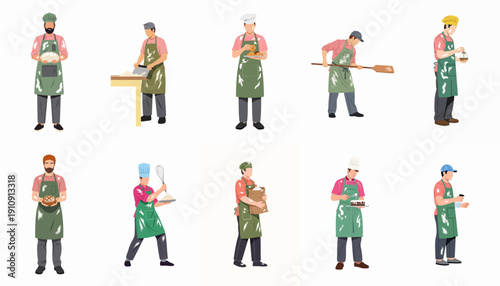 Collection of flat vector illustrations depicting professional male bakers and pastry chefs performing various stages of bread and dessert preparation.