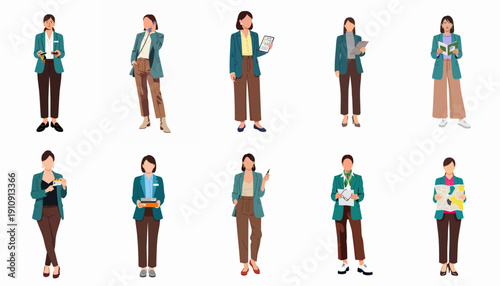 Collection of illustrated businesswomen performing various professional tasks, including customer service, real estate agency, and administrative roles.
