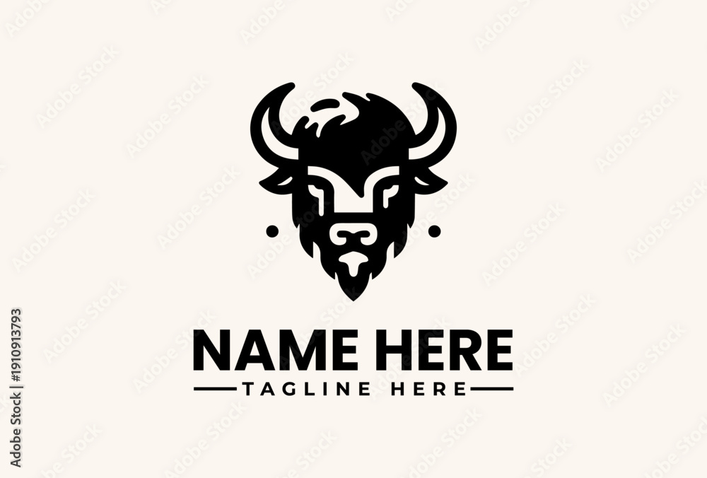 Fototapeta premium A black vector illustration of a bison head logo with horns and a tagline on a beige background, featuring placeholder text for a name and tagline.