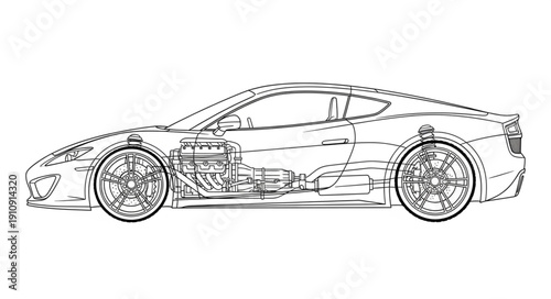 Black and White Sports Car Illustration.