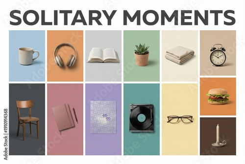 Solitary moments encapsulating personal reflection through diverse elements like a warm mug of coffee, immersive music, and engaging hobbies creating a tranquil atmosphere and comfort