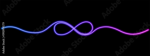 Neon infinity symbol glowing with vibrant blue light. Modern endless loop icon perfect for futuristic designs, digital art projects, and infinity concepts.