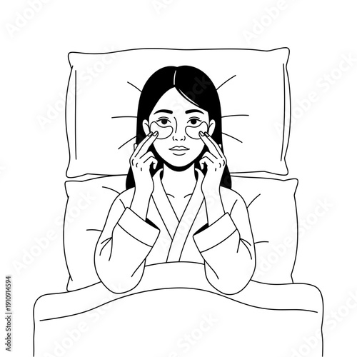 Woman applying under eye patches in bed line art vector