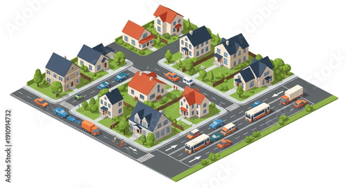 3D Neighborhood Model with Houses and Streets.
