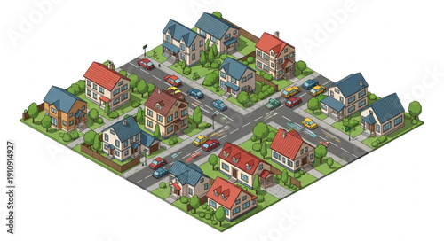 3D Neighborhood with Houses and Streets.