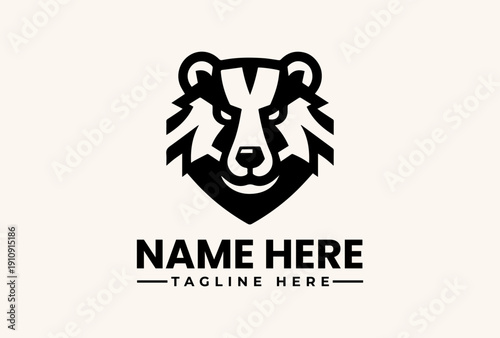 A black and white illustration of a bear's head logo with a shield shape and text placeholder on a beige background.