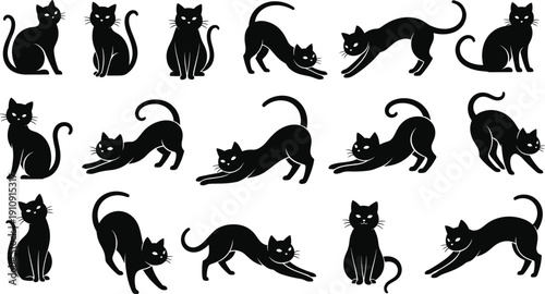 Vector illustration of cat silhouettes in black design symbolizing feline behavior, pets, wildlife, education, and decorative art