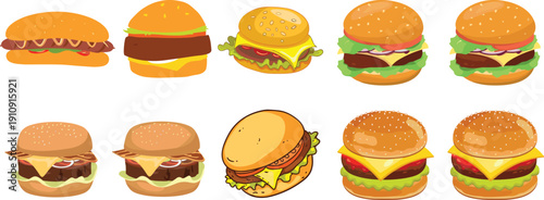 Hamburger cartoon collection set. Cheeseburgers, beef burgers and fast food icons with sesame buns. Flat vector illustration isolated.