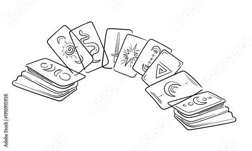 Tarot deck of cards, continious line drawing. Magic, esotericism, witch, occultism line art. Vector illustration