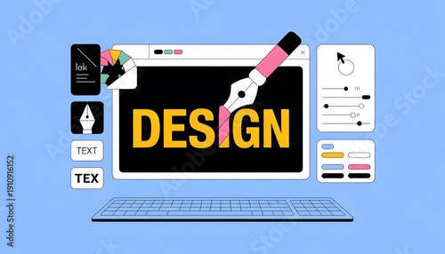 Digital design interface with pen tool color palettes and text options