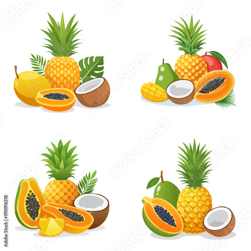 Tropical Fruit Vector Set – Pineapple, Papaya, Coconut and Mango Illustration Collection