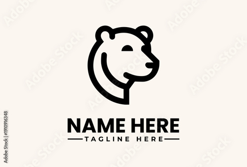 A minimalist black bear logo illustration with a placeholder name and tagline on a beige background, featuring a vector-style pictogram and icon design.