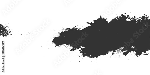 A black grunge ink splat and paint splatter texture creates a dirty liquid stain element with a spray drip pattern and artistic silhouette border on an abstract vector illustration design