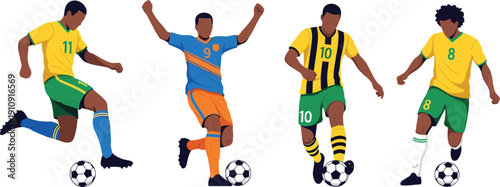 Flat vector illustration of professional soccer players in colorful yellow and blue jerseys dribbling balls and celebrating goals on a white background.