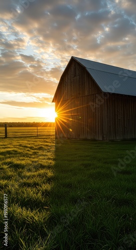 A rustic wooden barn exterior dramatically backlit by the bright setting sun, casting long shadows across the adjacent grassy field at golden hour ,field ,backlit ,barn