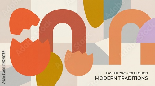 Minimalist abstract Easter 2026 banner with geometric arches and eggshell shapes in a muted palette. Modern traditions graphic for seasonal marketing and holiday design.