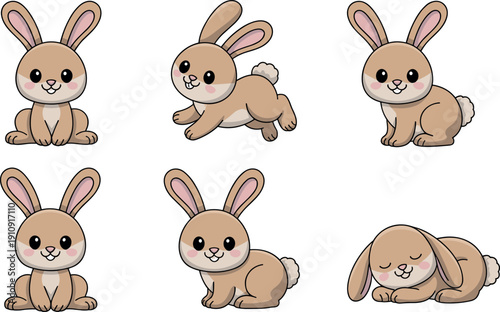 Cute tan bunny vector collection featuring adorable rabbits in various poses including sitting jumping and sleeping on white background.