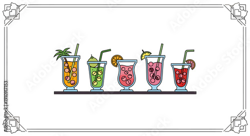 Set of Fresh Fruit Ice Drinks and Colorful Mocktails Line Art Illustration for Ramadan Iftar or Summer Menu
