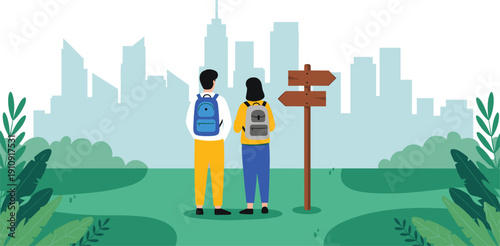 WebFlat vector illustration of young couple travelers with backpacks standing in green park looking at wooden direction signpost with modern city skyline background.v