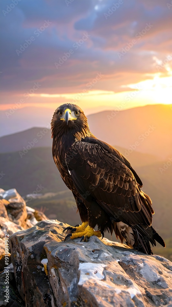 Fototapeta premium Eagle perched on rocky mountain peak.
