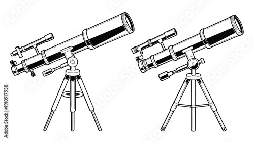 Minimalist black and white vector set of telescopes, perfect for illustrating astronomy, science, and space exploration concepts. Clean, modern icons.