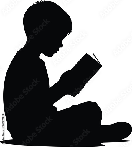 Black Silhouette of a Young Boy Sitting and Reading a Book, Child Education Concept for Literary Design, Storytelling, and Library.