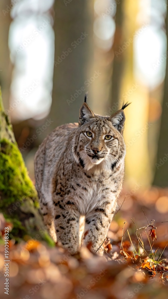 Naklejka premium Lynx walking through forest leaves.