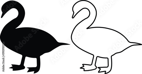 Two stylized bird silhouettes, one solid black and one white outline, resembling swans or geese standing side by side.