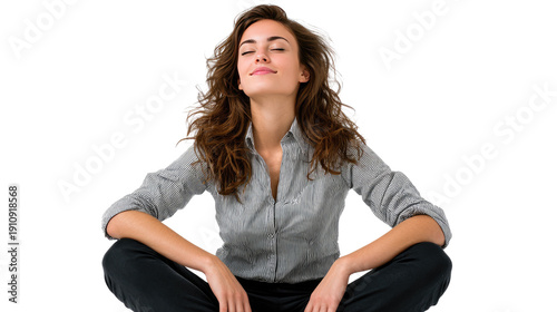 Serene Contemplation: A woman radiates peace, eyes gently closed, as she sits in tranquil meditation, embracing inner calm and mindfulness.