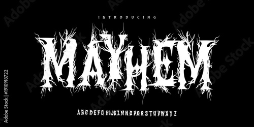 Mayhem Font is An extreme thorn display font with sharp chaotic shapes, perfect for metal logos, horror posters, album art, and dark branding.