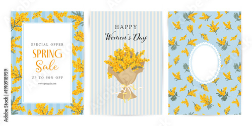 Spring Cards or flyers. Vector illustration of spring Mimosa flowers