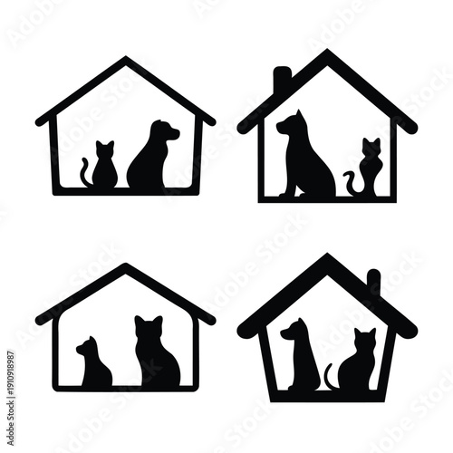 Pet silhouettes in various house frames showcasing dog and cat companionship