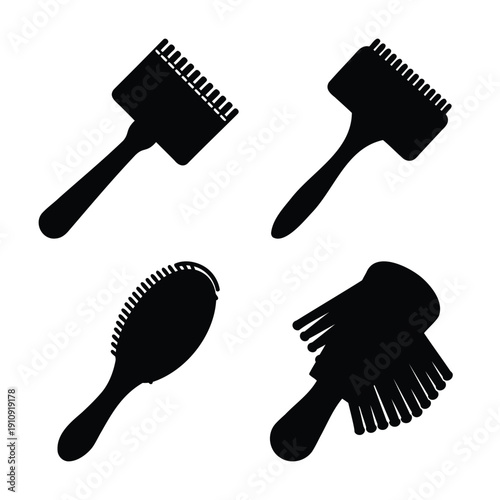 Diverse collection of grooming tools and hairbrushes in silhouetted form