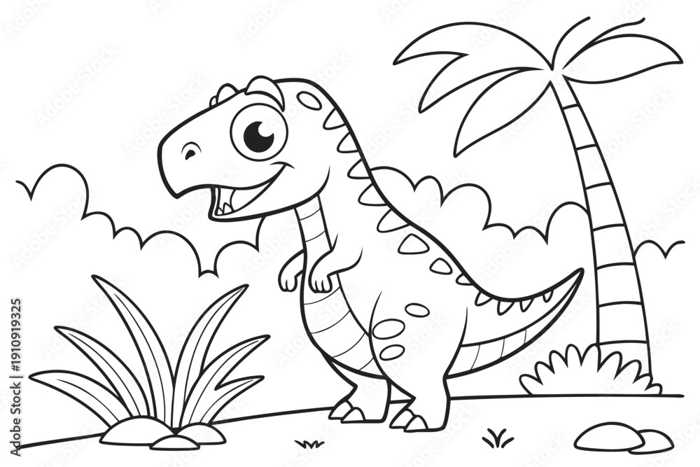 Obraz premium kids coloring page, tyrannosaurus rex dinosaur, cute cartoon style, friendly face, thick bold outlines, simple shapes, black and white line art, no shading, no color