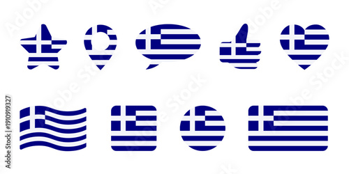 Icon set with star, heart, map, pin, speech bubble and thumb up of Greece flag colors. Minimal symbols or signs isolated on white. Vector clipart, illustration of Greek event or national holidays.