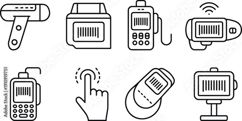 Set of barcode scanners and wireless scanning devices in minimal black outline, vector icons for retail, inventory, and checkout technology
