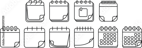Set of calendar and planner icons in minimal black outline, vector collection for scheduling, reminders, organization, and time management design