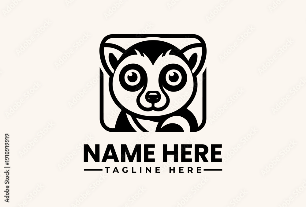 Fototapeta premium A black and white illustration of a cartoon raccoon's face within a square icon, accompanied by placeholder text for a name and tagline on a beige background.
