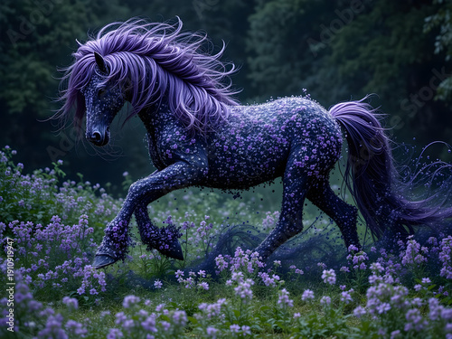 A horse with purple hair is running through a field of purple flowers