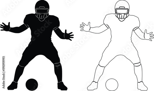 Two football players preparing for a game with different stances and equipment styles