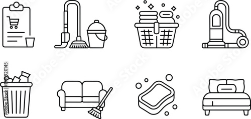 Set of household cleaning and home service icons in minimal black outline, vector collection for hygiene, maintenance, and domestic chores