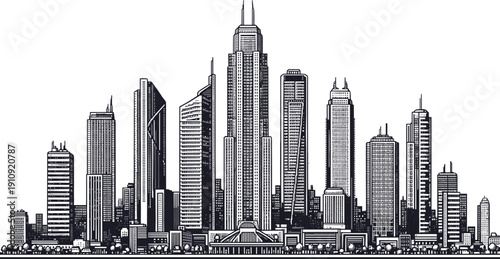 Modern City Skyline Vector Illustration with Skyscrapers, Urban Downtown Architecture, Metropolitan Business District, Black and White Detailed Line Art